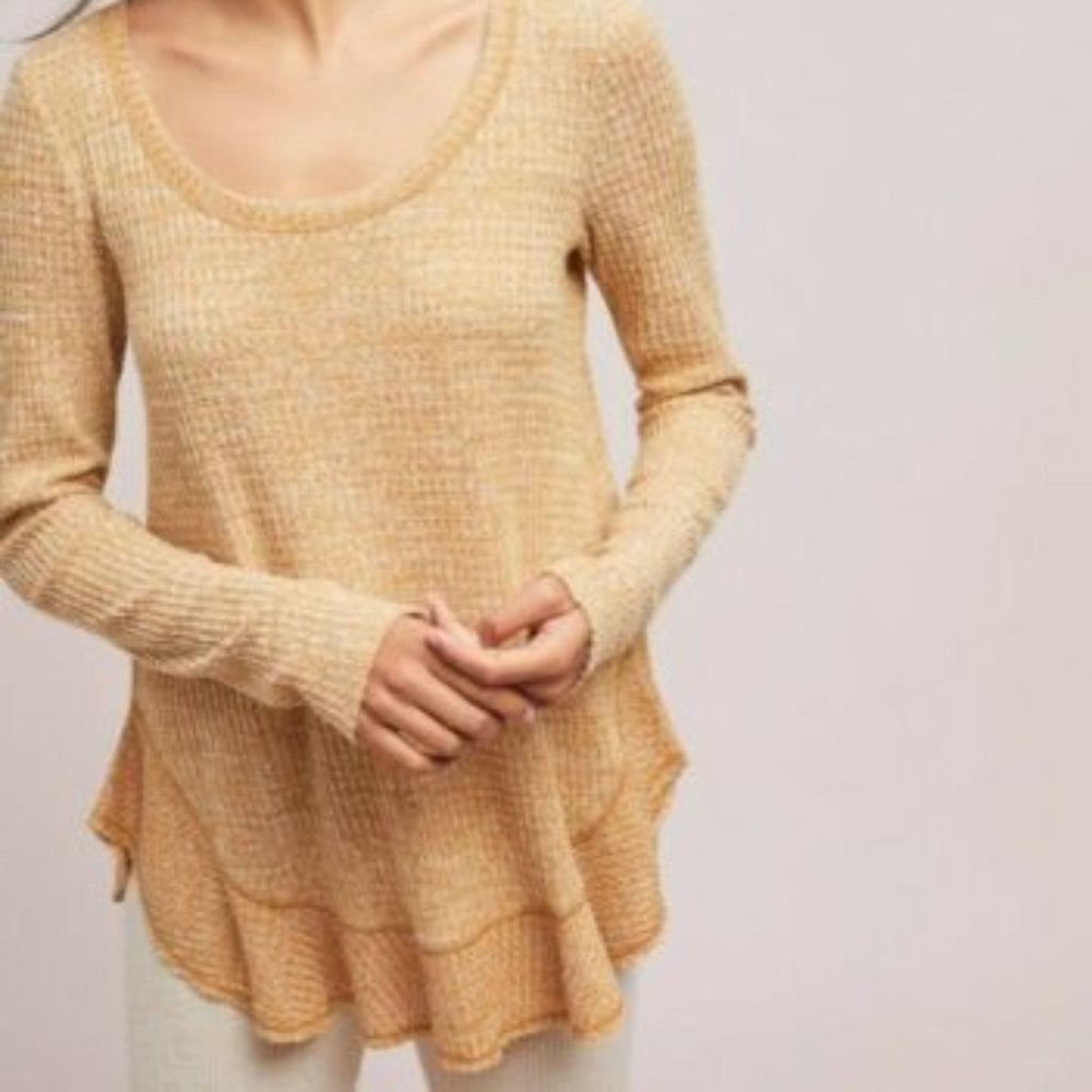 Anthropologie SATURDAY SUNDAY mustard yellow waffle knit ruffle hem pullover top